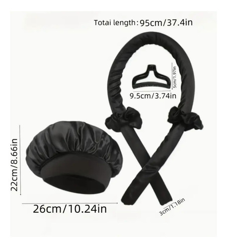Kit Gorro Saten + Banda Rizadora + Scrunchies Rulos Curly Negro Satén