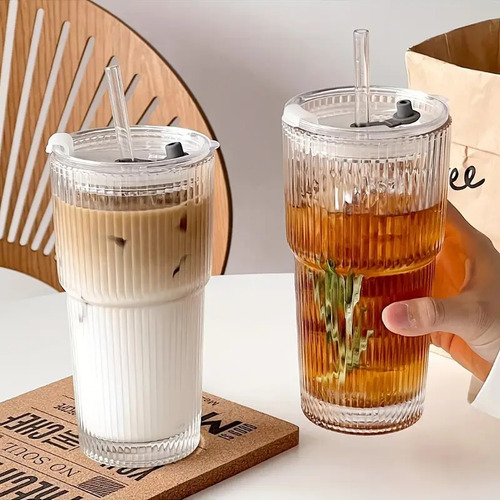 Pack De 2 Vaso De Vidrio Vintage De 20oz Con Tapa Y Sorbete Transparente