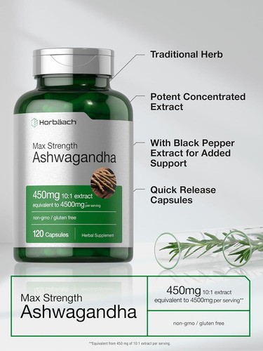 Horbäach Ashwagandha Max Strength 450 Mg Suplemento Herbal Sin Sabor