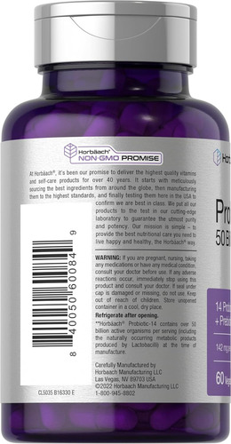Horbäach Probiotic-14 50 Billion Salud Digestiva Avanzada Sin Sabor