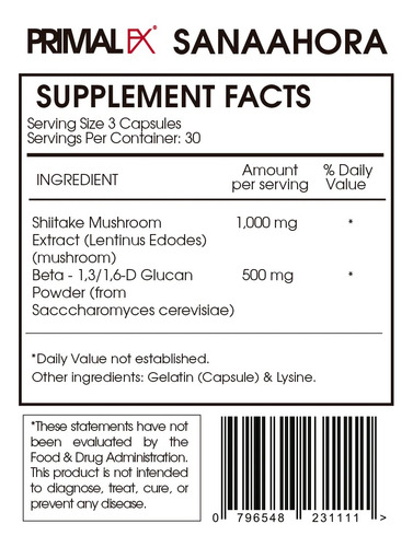 Shiitake + Beta 1500mg I 90 Cap I Primal Fx I Dr Ludwig John