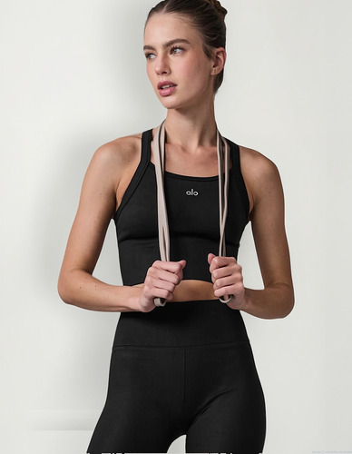 Alo Yoga Musculosa Deportivo Seamless Ribbed Bra Tank Negro Textura Acanalada Ribbed M - 34