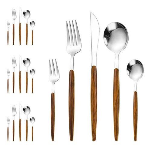 Set De Cubiertos 20 Piezas Acero Inoxidable Y Madera Silver