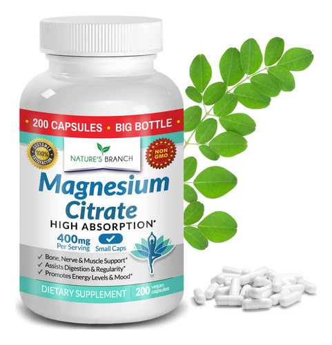 Citrato De Magnesio 400 Mg 200 Cápsulas De Alta Potencia