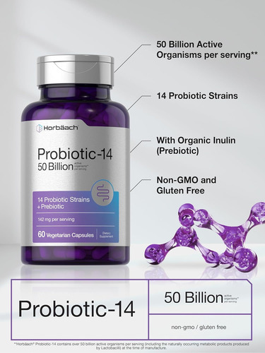 Horbäach Probiotic-14 50 Billion Salud Digestiva Avanzada Sin Sabor