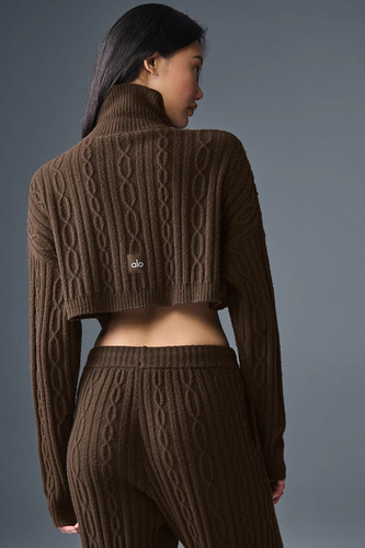 Alo Yoga Buzo Cable Knit Suéter Tejido De Corte Cropped S - 4 Marrón Oscuro Cropped Winter