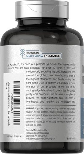 Horbäach Bisglicinato De Magnesio 750 Mg Alta Absorción Sin Sabor