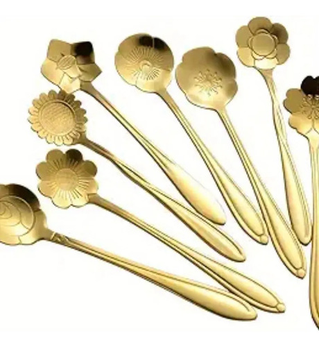 Set X8 Cucharitas Doradas Florales En Acero Inoxidable Gold