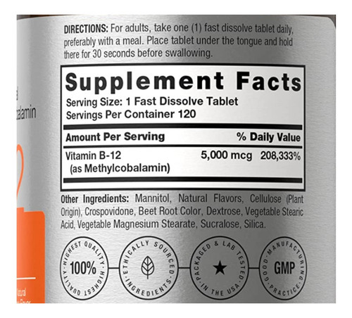 Vitamina B12 Sublingual 5000mcg 120 Tab Horbaach