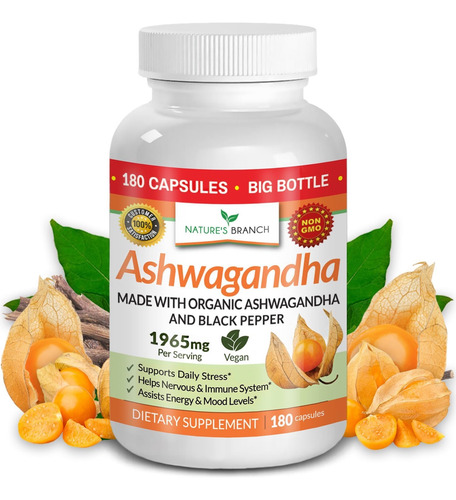 Natures Branch Suplemento Ashwagandha Orgánica Con Pimienta Sin Sabor